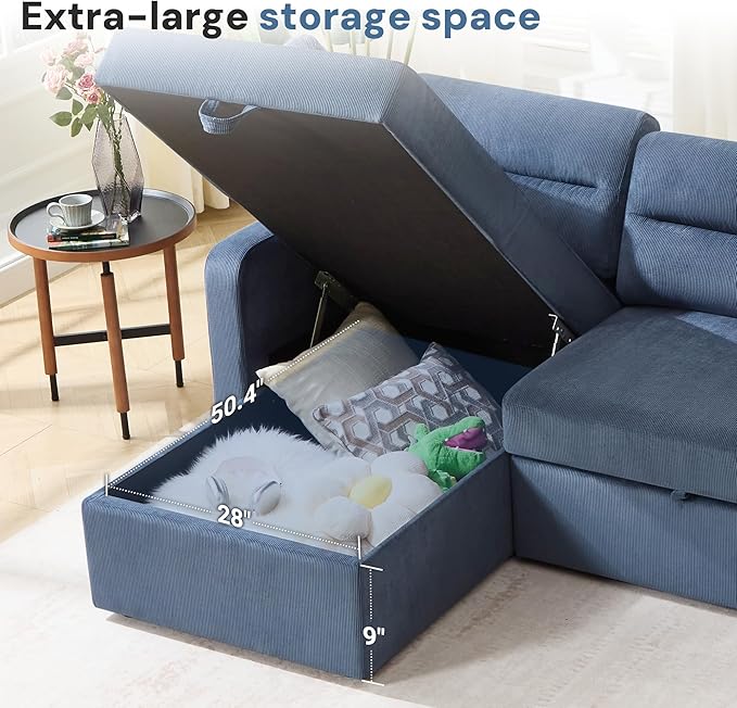 Tbfit 92.5'' 3 in 1 Sleeper Sofa Couch with Storage Chaise Corduroy Sofa Bed with Pull Out Bed Convertible Sleeper Sofas for Living Room Small Spaces Blue