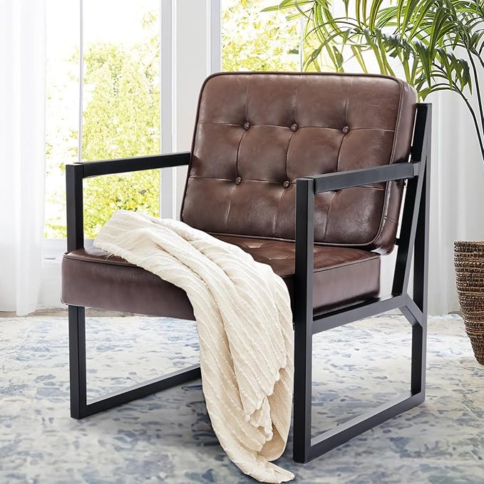 COLAMY Mid Century Modern Accent Chair Comfy Living Room Chairs Brown Leather Accent Chair Faux Leather Reception Armchair with Metal Legs for Living Room Bedroom Reception Waiting Room Brown