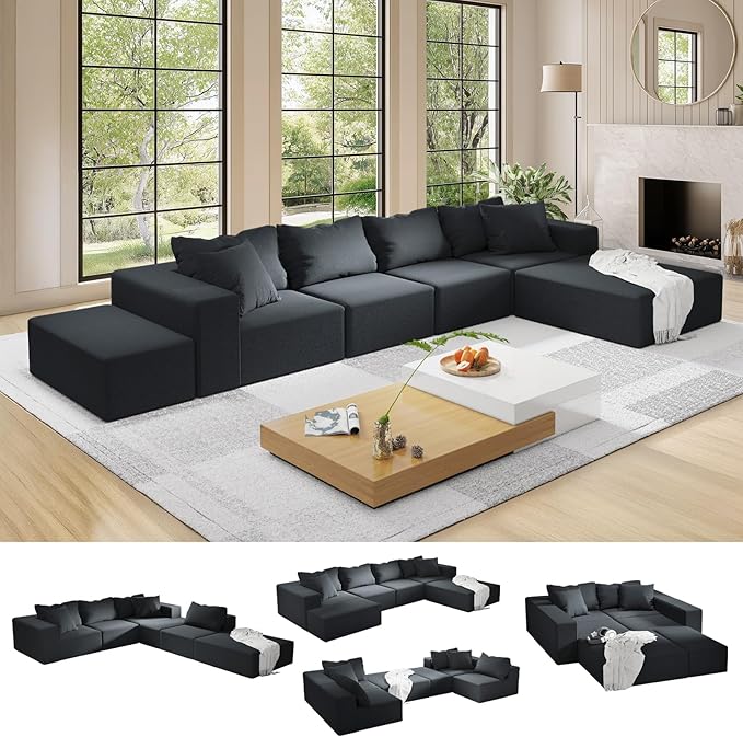 151 Oversized Modular Sectional Sofa Chenille Upholstery Boneless Couch with 6 Pillows 6-Seater Deep Seat Cloud Couch Free Combination Compression Couches for Living Room No Assembly Black
