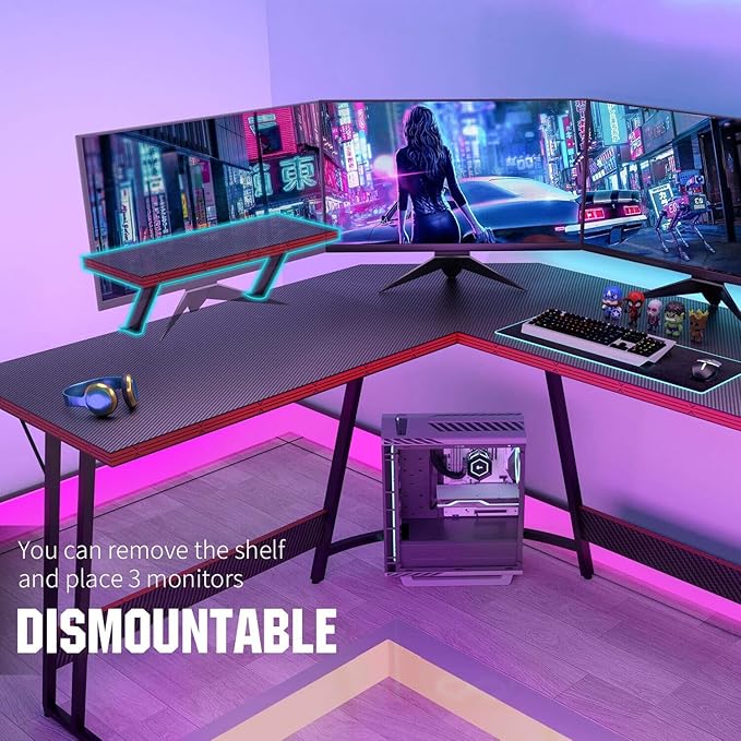 Devoko L Shaped Gaming Desk Computer Desk 51” Office Corner Desk with Monitor Stand Home Gaming Writing Study Table Workstation (Carbon Fibre Black)