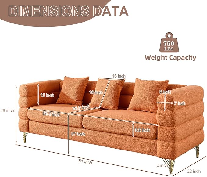2 Pieces Cloud Sofa Set Teddy Bouclé 3 Seater Couch Sets Upholstered Tufted Modern Sofa with Gold Legs &amp Pillows Comfy Deep Seat Sherpa Couch for Living Room Bedroom Office Apartment(Orange)