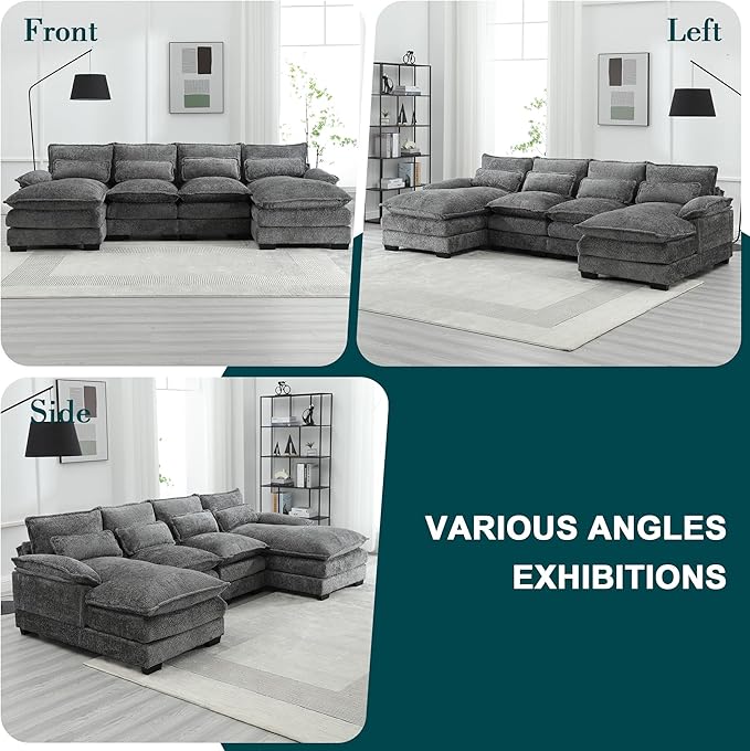 QQU 110.63 W U-Shape Modern Sectional Sofa Couch with Plastic Leg Upholstery Chenille Modular Sectional Sofa Bed with Memory Foam Large Sleeper Couch Chaise Lounges for Living Room(A-Grey)