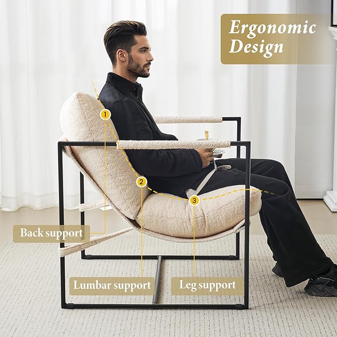 Furnilivng Large Sling Accent Chair Comfortable Boucle Fabric Arm Chair Upholstered Cozy Reading Chair for Living Room Bedroom Dressing Room Home Office White