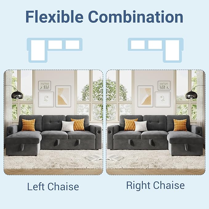 GarveeHome 84 Inch Sleeper Sofa Bed L-Shaped Sofa Convertible Pull Out Couch Bed with Storage Charging Station LED Lights Modern Sectional Sofa for Living Room Apartment Velvet Dark Grey