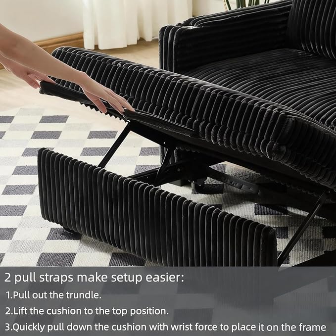 Dreamzie 53 Pull Out Couch 3 in 1 Convertible Sleeper Sofa Bed Corduroy Fabric Double Loveset with Pull Out Bed USB Port Side Pockets and Cup Holders for Living Room and Apartment Black