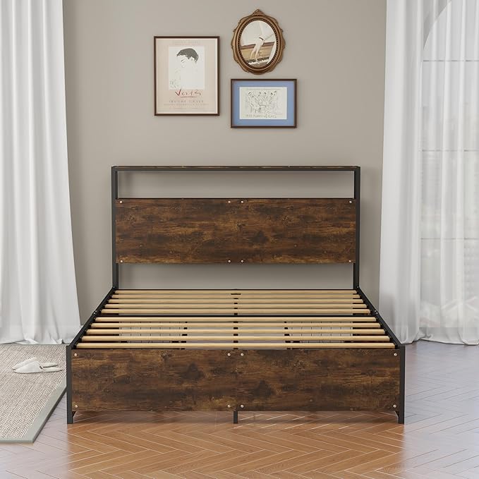 Panana Queen Bed Frame with Storage Headboard Platform Bed with 4 Drawers No Box Spring Needed Easy Assembly Vintage Brown