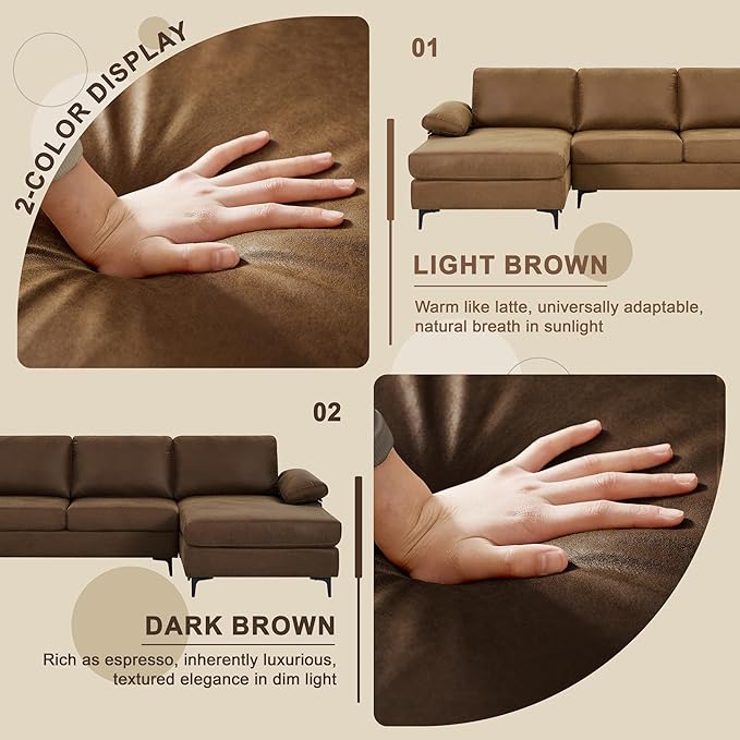 100.8 Sectional Sofa Faux Leather Couch with Reversible Chaise Mid-Century L Shaped Sofa Couch for Living RoomApartment Office (Light Brown Sofa with Chaise)