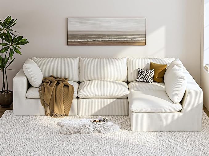 ARSURA 106” Cloud Couch for Living Room | L-Shaped Boneless Couch | Modular Sectional Couch | Corduroy Off-White