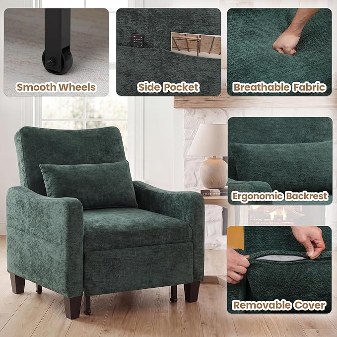3 in 1 Convertible Sofa Bed Chair Pull Out Single Sleeper Chair Bed with Adjustable Backrest Modern Lounge Sofa for Small SpaceDark Green
