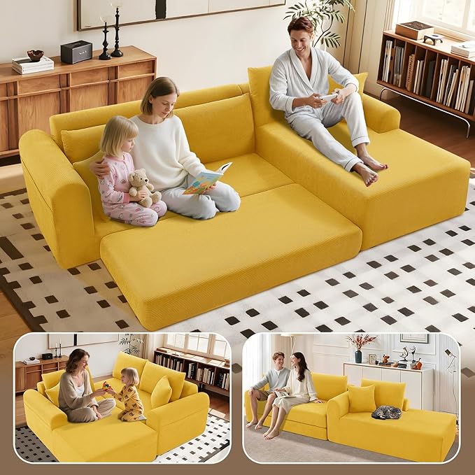 KBQ Modular Sectional Couch in a Box 103 L Shaped Boneless Cloud Couch with Deep Seat Convertible Sofa Bed for Living Room Bedroom Apartments No Assembly Required Yellow Right Facing Chaise