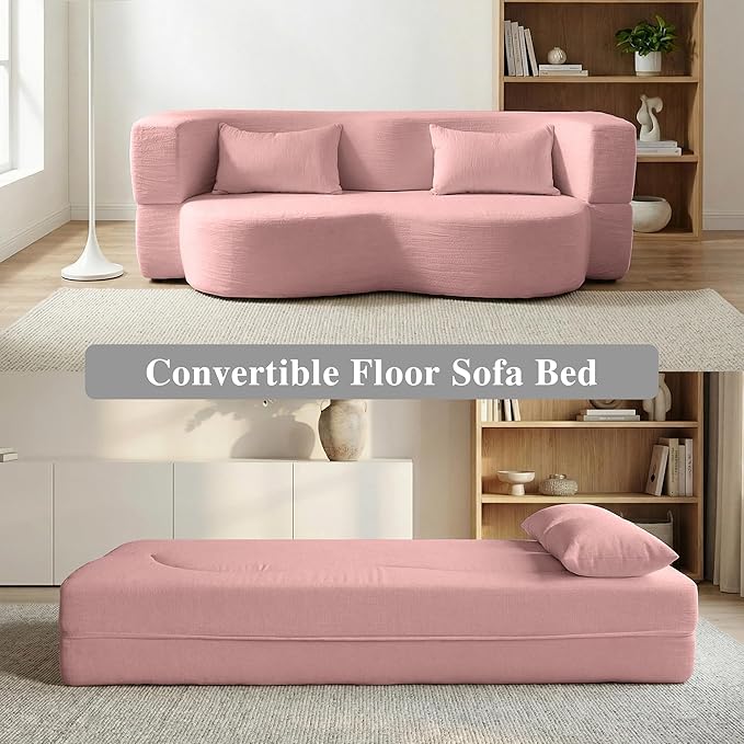 Modern Convertible Sleeper Sofa BedCompact Couch Loveseat Sofa Curved Seating Floor Couch Comfy Teddy Fabric SofaSoft Cloud Couch with Pillows for Apartment Living Room Bedroom (Pink)