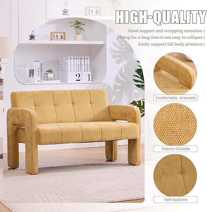 47'' Modern Loveseat Comfortable Small Couch for Two with Chenille Fabric Minimalist Accent Chair for Bedroom Office Entryway Dorm (Mustard Yellow)