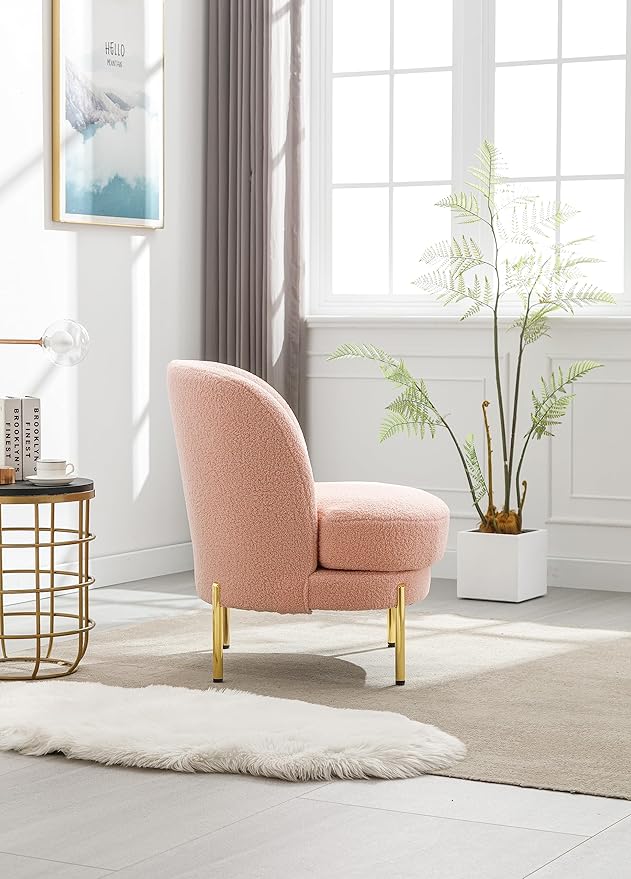 28.4 W Accent Chair Upholstered Curved Backrest Reading Chair Single Sofa Leisure Club Chair with Golden Adjustable Legs for Living Room Bedroom Dorm Room (Pink Boucle)