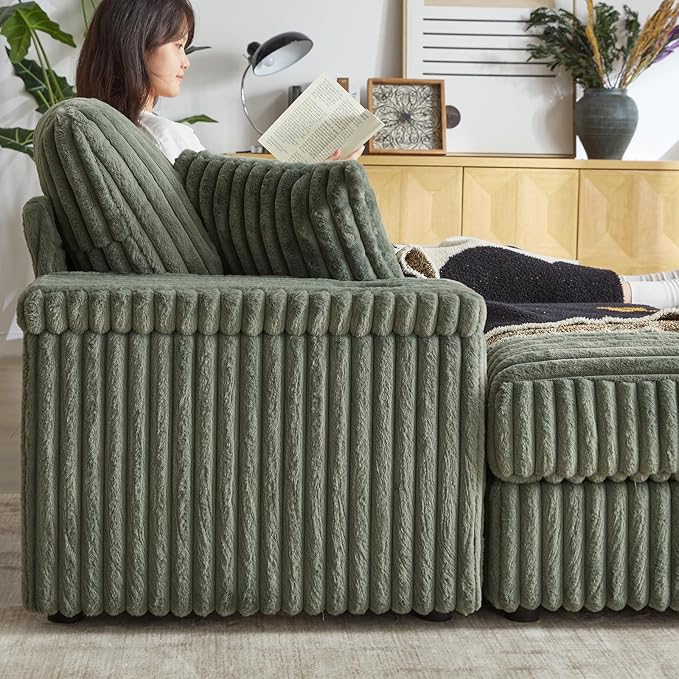 84 Cloud Sectional Couch Plush Corduroy Sofa with 2 Ottoman 2storage Spaces and Cup-Holding 3-Seat Memory Foam Cloud Couch sectional couches for Living Room Apartment (Army Green)