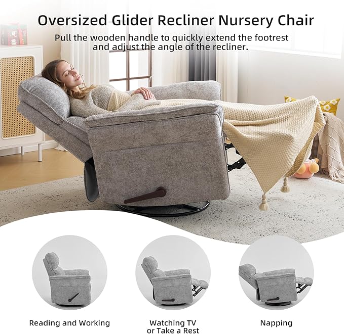 Oversized Glider Rocker Recliner 26 Extra Wide 360° Swivel Nursery Recliner with Adjustable Headrest Chenille Rocking Nursery Chair with Overstuffed Armrest Lumbar Support Light Grey