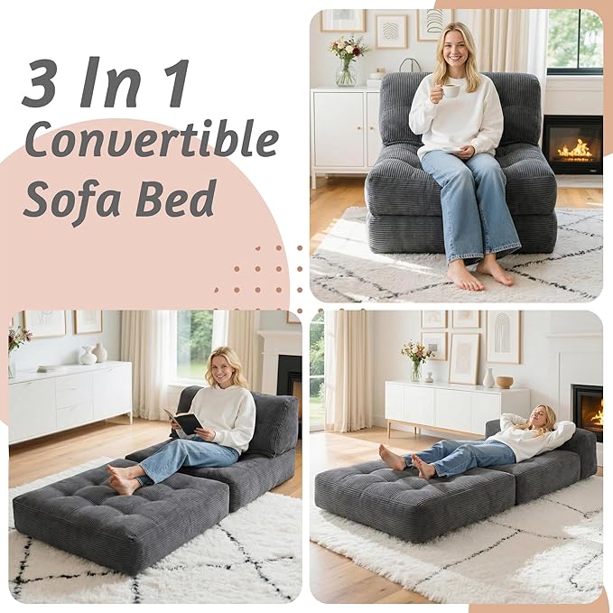 HABUTWAY Folding Sofa Bed Convertible Sleeper Chair Bed with Pillow &amp Handle Foldable Mattress with Back Support Portable Single Couch Comfy Floor Sofa Lounge for Living Room Bedroom(Dark Gray