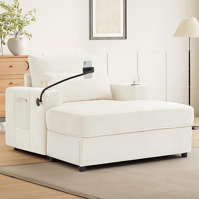 42.5 Oversized Armchair with Ottoman Storage Overstuffed Chair and a Half with Cup Holders &amp USB Port Chenille Accent Chairs for Bedroom Living Room Reading Phone Holder Side Pocket (Beige)