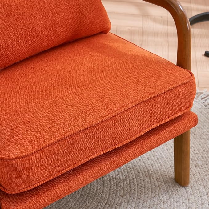 Mid Century Modern Accent Chairs Single Linen Lounge Reading Armchair with Solid Wood Frame Easy Assembly Arm Chairs for Living Room-Orange
