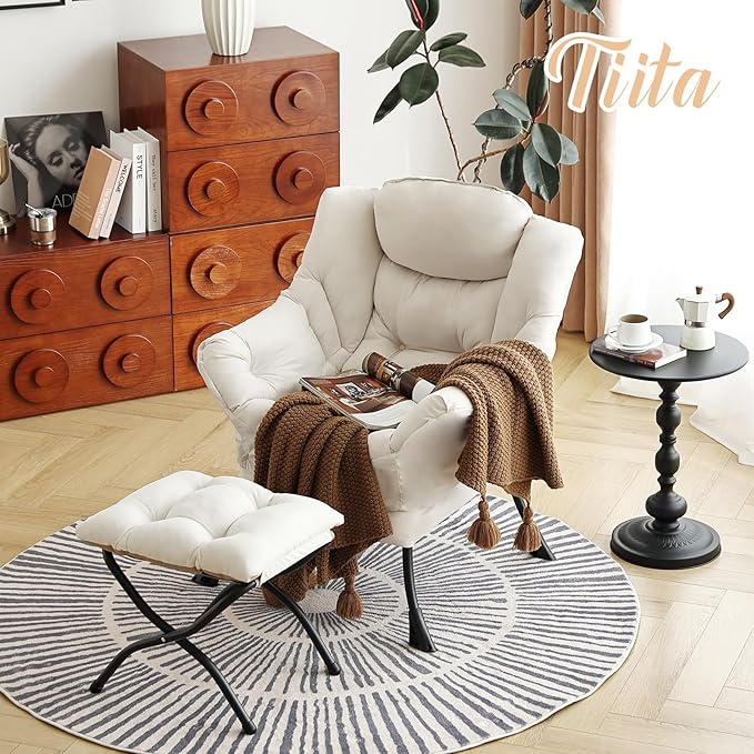 Tiita Lazy Chair with Ottoman Beige Modern Large Accent Chair Comfy Leisure Sofa Armchair with Ottoman Reading Chair with Footrest for Bedroom Living Room Dorm Rooms Beige
