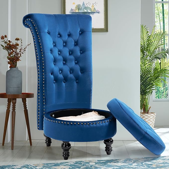 AVAWING High Back Throne Chair Velvet Armless Royal Accent Chair w/Storage Nailhead Trim &amp Rubberwood Legs for Living Room &amp Bedroom Blue