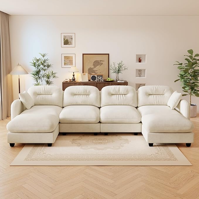 140 U Shaped Couch for Living Room Comfy Chenille Fabric Cloud Sectional Couch Modern Upholstered Deep Seat Sofa with Pillow and 2 Movable Ottoman Oversized 4 Seater Sectional Sofa Beige