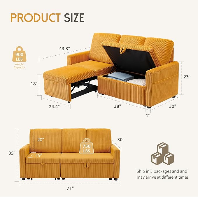 Convertible Sectional Sofa Couch 71 Corduroy Fabric Modern 3 Seater L-Shaped Sofa with Reversible Chaise &amp Seats Storage Deep Seat Sleeper Couch for Living Room Small Spaces Yellow