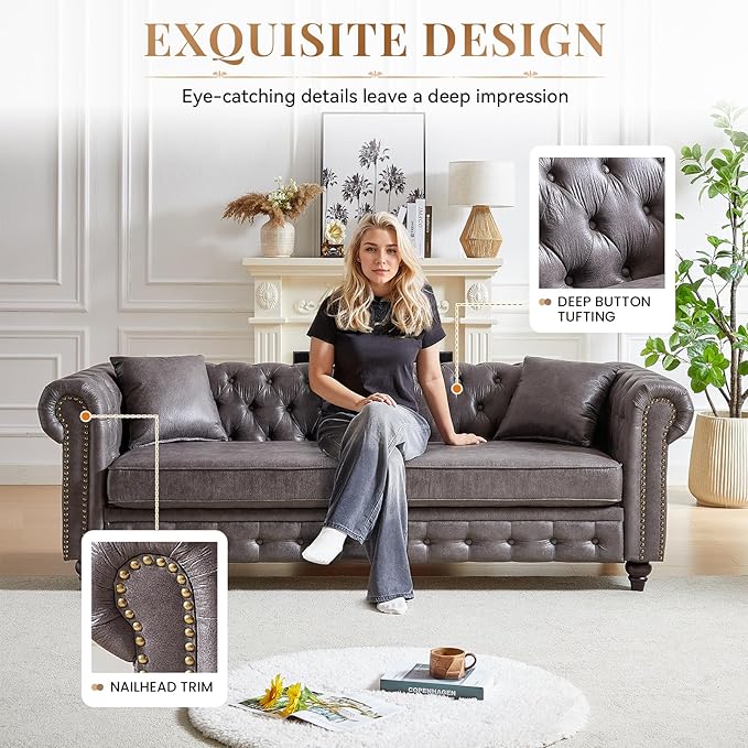 Modern Chesterfield Sofa Couch 85.5-inch Faux Leather 3-Seater Sofa with Rolled Arms and Tufted Button for Living Room Office Grey