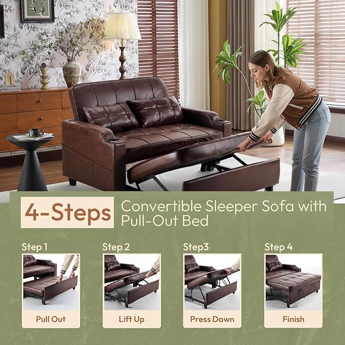 VINGLI Rustic Futon Sofa Bed Convertible Loveseat Sleeper Sofa Couch Pullout Sofa Fold Out Couch Bed with USB Ports Cup Holders Armrest for Living Room Bedroom Apartment Room | Loveseat Sleeper
