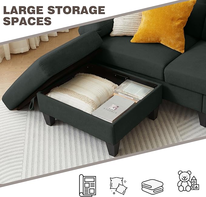 84 Convertible Sectional Sofa Modern Linen Fabric Small L Shaped Couch with Reversible Chaise 3-Seat Sofa Couches for Living Room Apartment and Small SpaceBlack