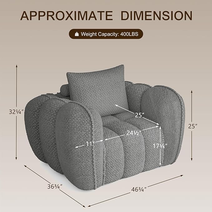 Furnimart Pumpkin Single Sofa Oversized Could Comfy Accent Chair Foam Boneless Chair Wide Seat Modern Small Couch for Living Room Bedroom Assemble Free(Gray)