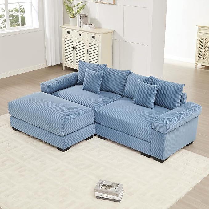 92.4 Oversized Modular Sectional Sofa Corduroy Large Sectional Couches for Living Room Love Seat Couches with 1 Movable Ottoman Modern Deep Seat Sofa Set L Shaped Blue