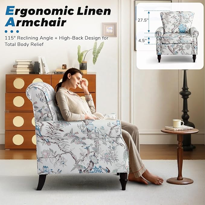 Floral Accent Chair with Lumbar Pillow Retro Wingback Armchair with Nailhead Trim &amp Rolled Arms Modern Linen Fabric Upholstered Recliner for Living Room Bedroom Reading Chair Easy Assembly