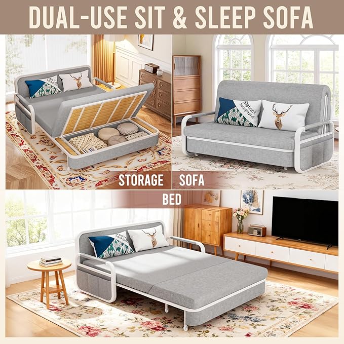 62 Pull Out Sofa Bed 3 in 1 Convertible Sleeper Sofa Full Size Loveseat Couch Bed with Storage Trundle and 2 Pillows for Living Room Bedroom Dorm Office RV (Stone Gray-809)