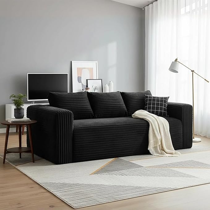 Cloud Sofa Couch in a Box Small Boneless Couch for Living Room Compressed Cloud Boneless Sofa with Memory Foam Modern Corduroy Loveseat 3 Seater Black
