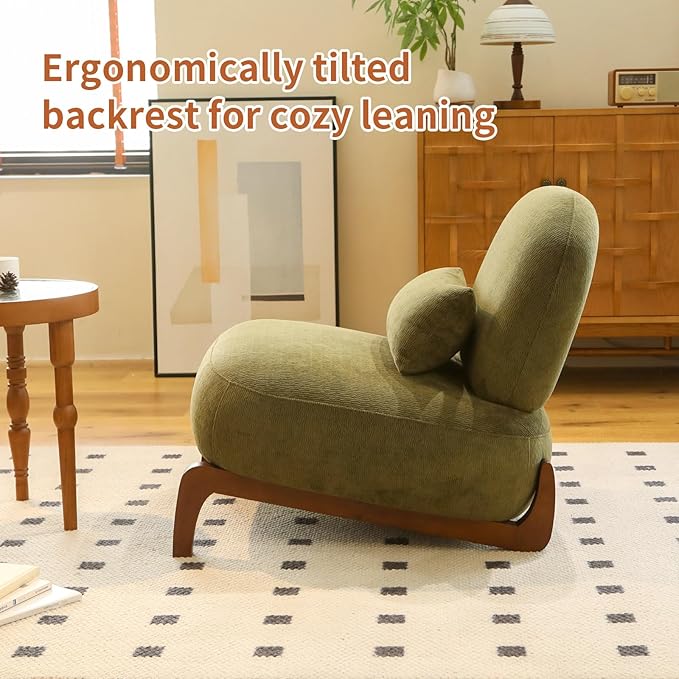 Velvet Accent Chair with Solid Wood Legs Modern Armless Living Room Chair with Soft Cushion Cozy Reading Chair for Bedroom Apartment Balcony &amp Waiting Room (Green)
