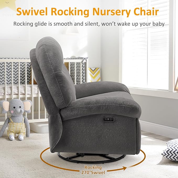 VANOMi Power Recliner Chair with USB &amp Type-C Charging 270° Swivel Glider Rocker Electric Nursery Recliner for Living Room Bedroom Office Dark Gray
