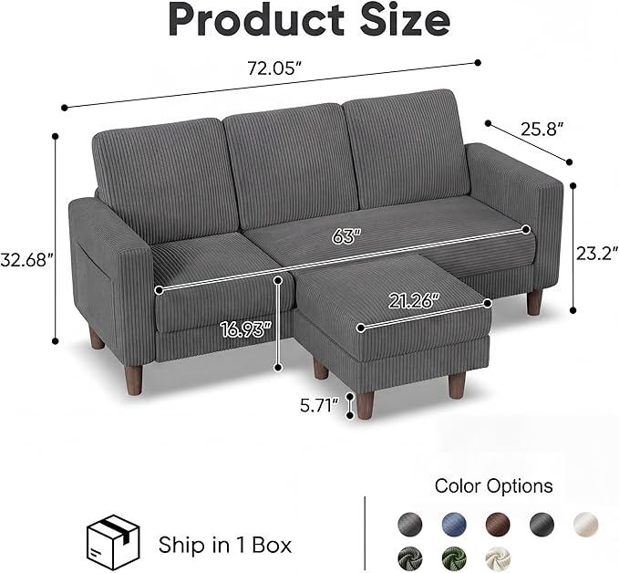 Homall 3 Seat Couch L Shape Sofa with Side Storage Pockage Sectional Couches with Reversible Ottoma Upholstered Sofa for Living Room and Small Spaces (Corduroy Grey)