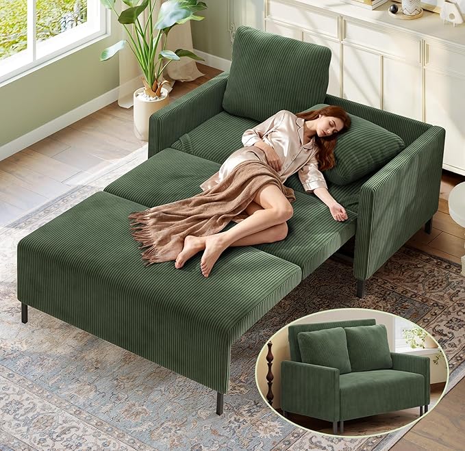 47.2 Convertible Sofa Bed Couch Comfy Corduroy Couch Bed All in 1 Loveseat Sleeper Sofa Love Seat Sleeper Bed with 2 Pillows Modern Couches for Living Room/Apartment/Home/Office Green