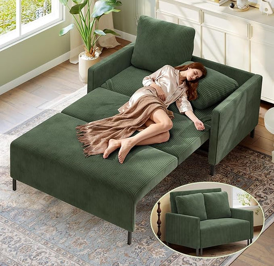 47.2 Convertible Sofa Bed Couch Comfy Corduroy Couch Bed All in 1 Loveseat Sleeper Sofa Love Seat Sleeper Bed with 2 Pillows Modern Couches for Living Room/Apartment/Home/Office Green