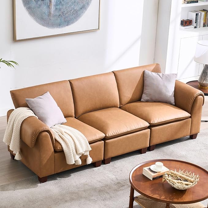 97 Inches Cloud Modular Sectional Sofa 3 Seater Faux Leather Couch Modern Convertible Comfortable Sofa Couch for Living Room/Apartment PU Brown