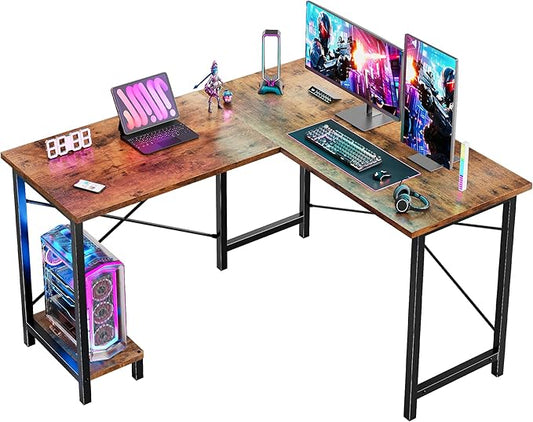 DUMOS L Shaped Desk Computer Gaming Desks Corner Office Table with CPU Shelf for Home Study Writing Work Station 50 Inch Rustic Brwon