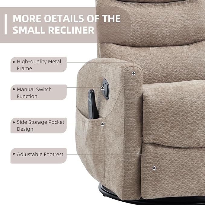 PELUMY 360° Swivel Rocker Recliner with Heat &amp Vibration Massage Glider Rocking Chair for Adults Compact Recliner for Living Room Small Spaces Nursery Bedroom (Chenille Khaki)