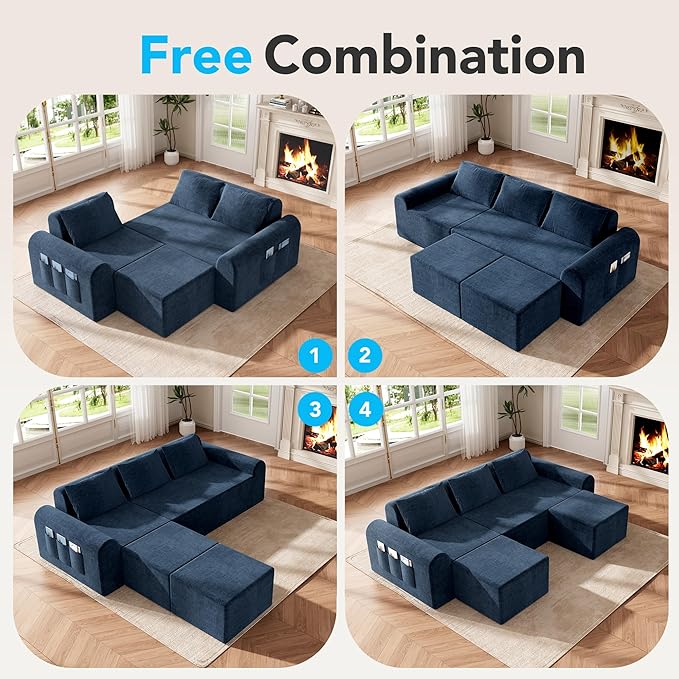 86.6 Modular Sofa Modern Boneless Sectional Sofa with Footstool No Assembly Required Extra-deep Chenille Fabric Seat L-Shaped Chaise Lounge Sofa Suitable for Living Room(Blue)