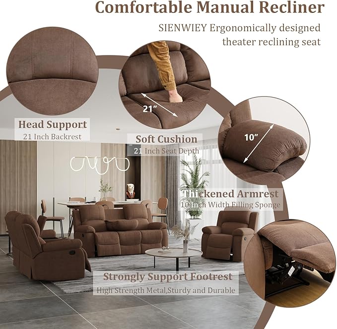 Manual Recliner Loveseat Sofa Reclining Couch with Cup Holders2 Seats Loveseat with Storage Console for Living Room/Office/Lounge/Club/Rv Car（Brown Velvet2 Seater Loveseat）