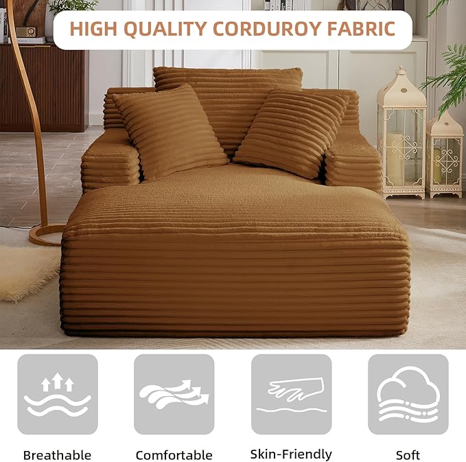 Oversized Chaise Lounge Chair Indoor Corduroy Sofa Bed with Throw Pillows Recliner Chair Comfy Large Deep Seat Sofa Couch for Living Room Bedroom Apartment (Orange)