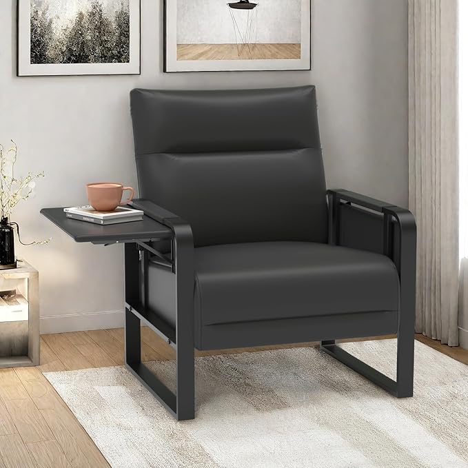 Modern Accent Chair Mid Century Armchair with Side Table &amp Metal LegsUpholstered Faux Leather Sofa Side Chairs for Living Room Reading OfficeBedroom(Black)