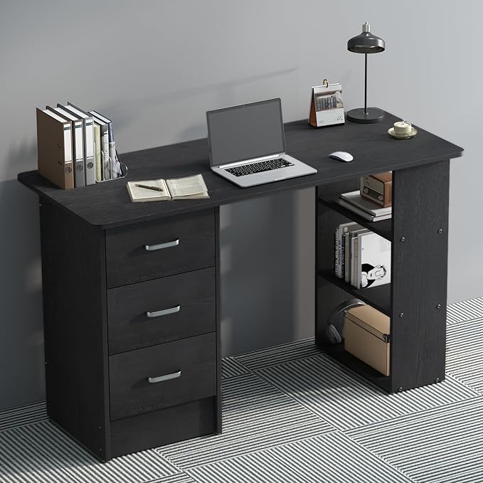 Computer Desk with DrawersHome Office Desk with Storage RacksModern Writing Desk for Bedroom Study(Black)