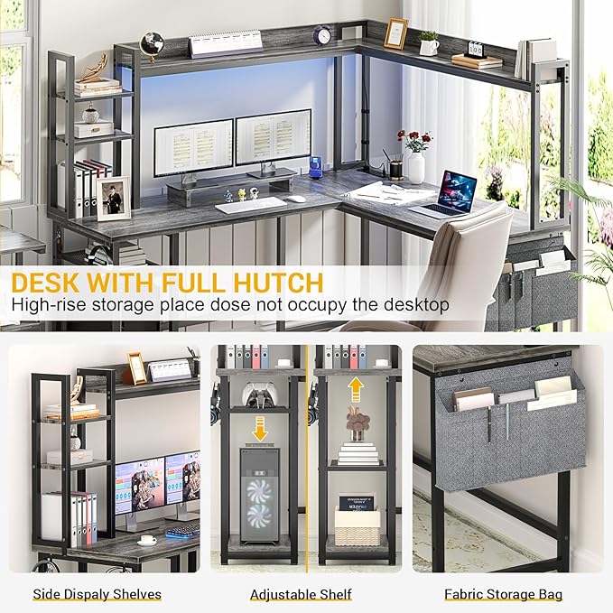 Aheaplus L Shaped Desk with Power Outlet L Shaped Gaming Desk with Led Light &amp Hutch Reversible Home Office Desk Corner Computer Desk Writing Desk with Monitor Stand &amp Storage Shelves Grey