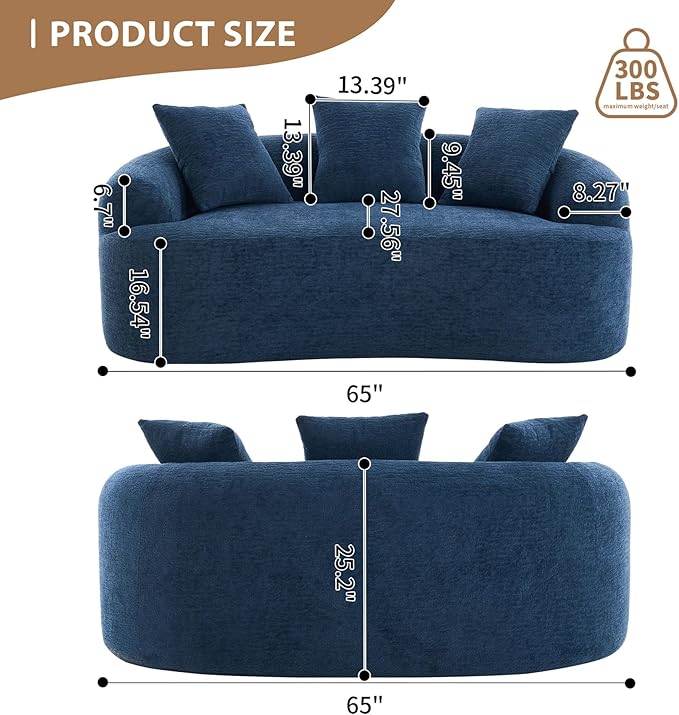 65” Blue Curved Couch&amp Loveseat Sofa with 3 Pillows Compression Couch with Round Armrest Suitable for Small Space Bedroom Living Room Memory Foam Chenille No Assembly (Blue)