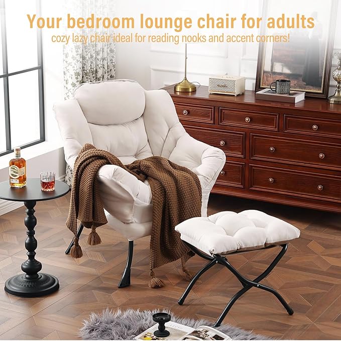 Lazy Chair with Ottoman Modern Accent Chair with Armrests and a Side Pocket Beige Accent Chairs Reading Chairs Oversized Armchairs for Bedroom Study Living Room Courtyard